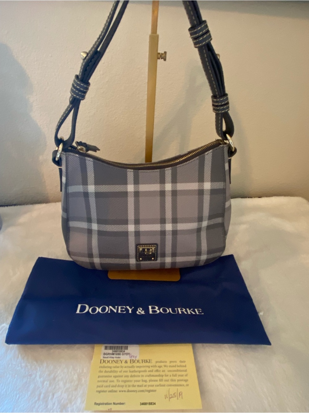 Dooney & Bourke Gray Plaid Graham Zip Satchel Shoulder Bag with Dark Gray Strap